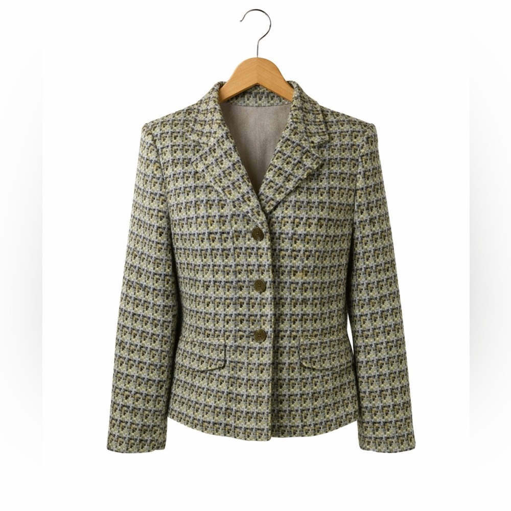 Talbots Tweed Blazer Jacket Green Blue Size 10P Classic Career Chic Textured